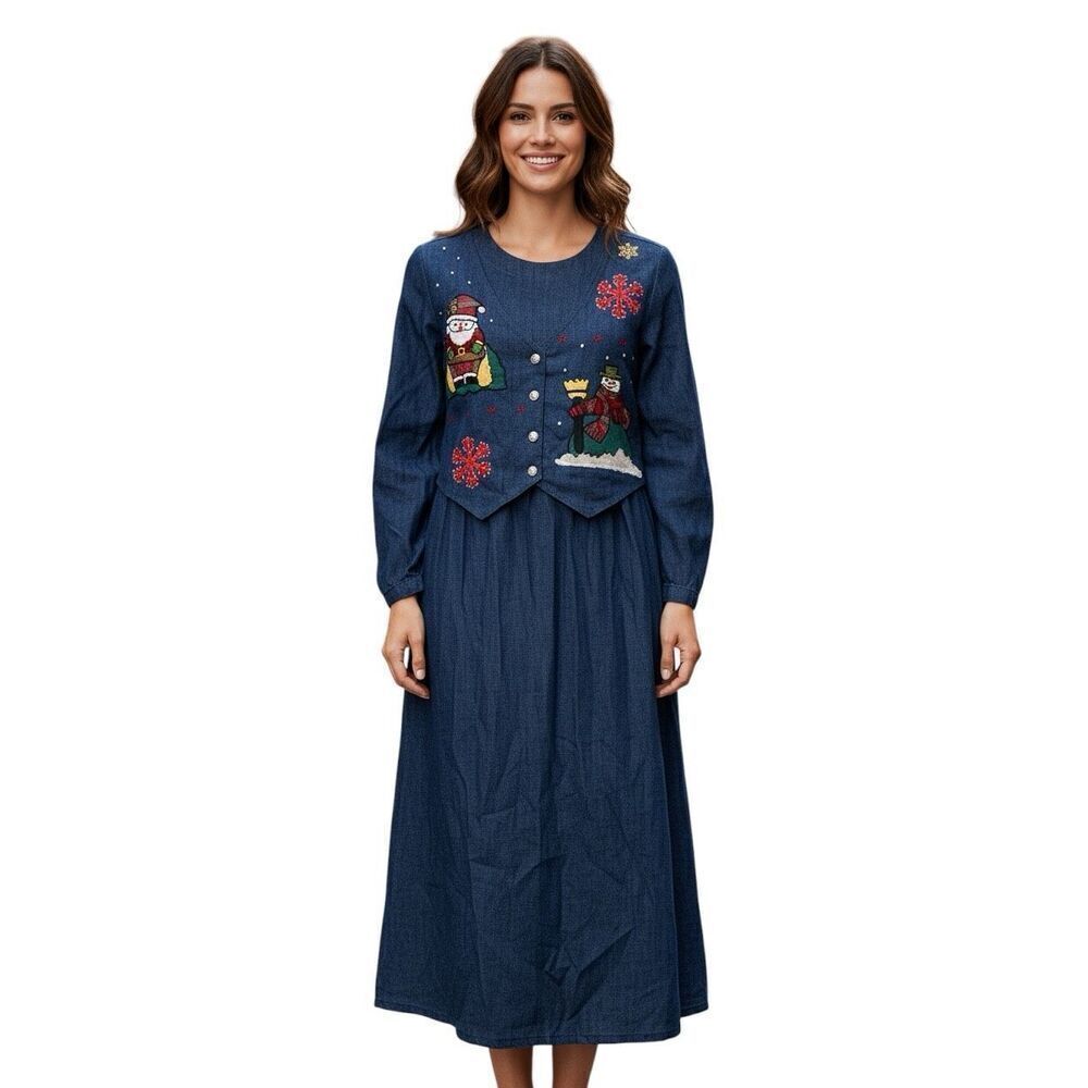 Mosaic Size 10 Twofer Denim Long Dress Embroidered Snowman Print Winter Teacher